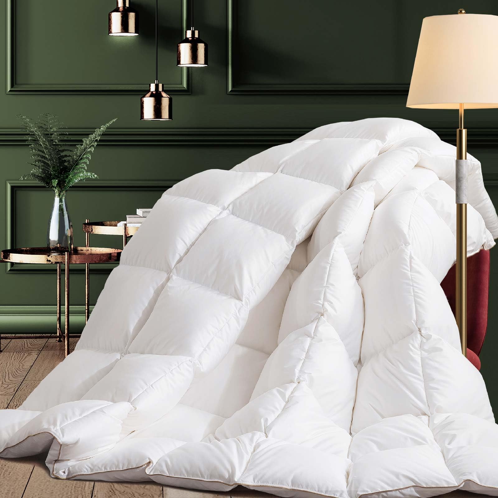 Feather Fiber Comforter King Size Duvet Insert for All Season, 100% Cotton Hotel Collection Down Comforter Alternative, 4 Corner Loops, Gold Piping, 90x106In