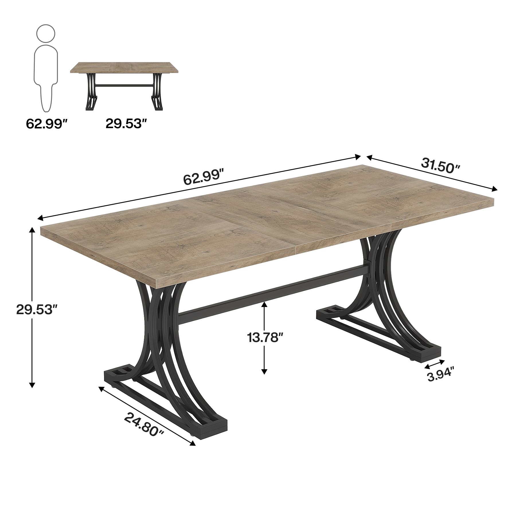 63-Inch Rectangular Dining Table for 4-6 People with Metal Trestle Legs