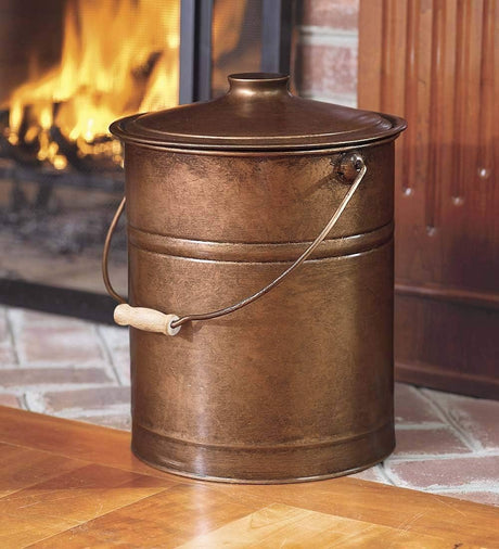 3 Gallon Copper Large Ash Bucket with Lid and Wood Handle | 28 Gauge Galvanized Iron Metal