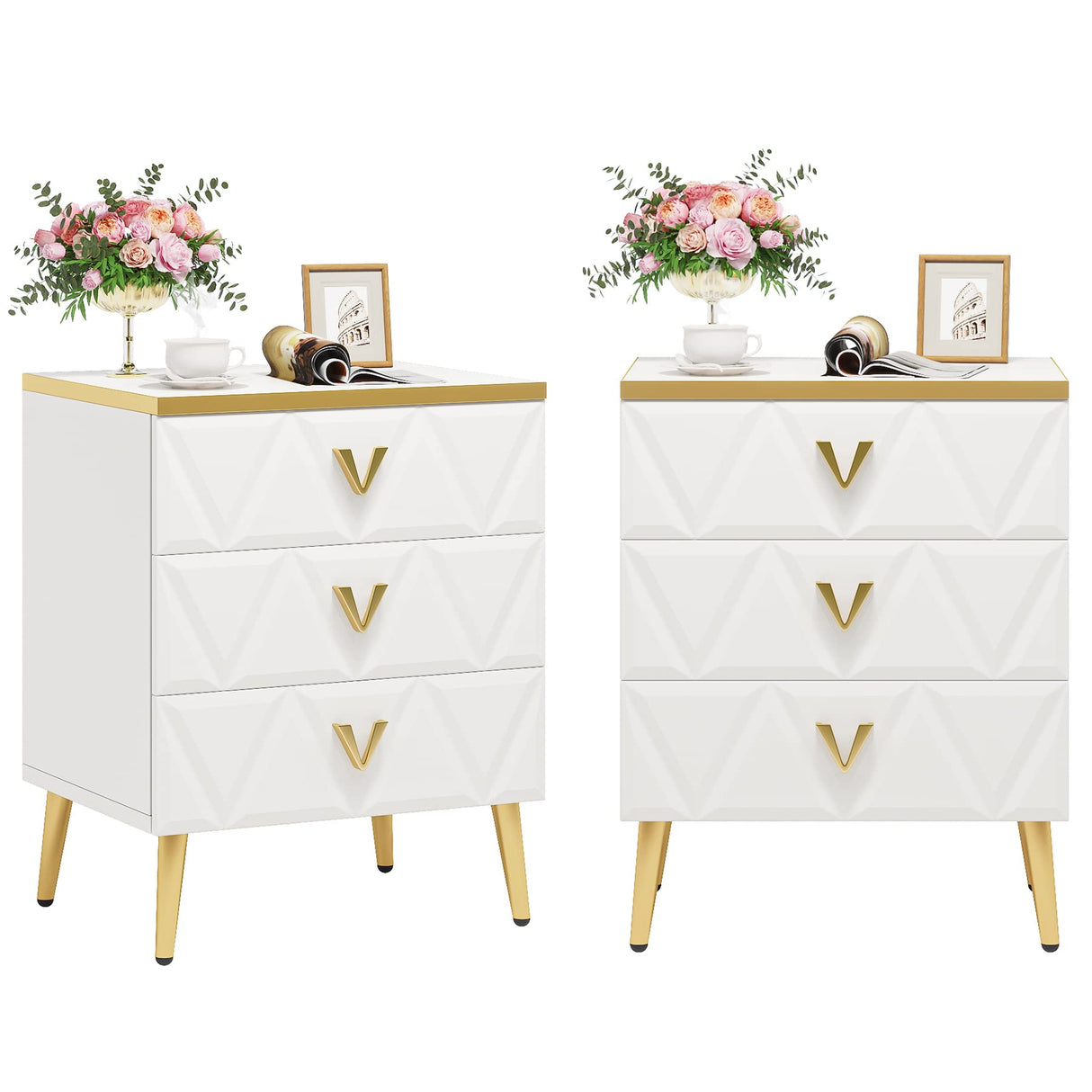 3-Drawer Nightstand Set of 2, Luxury Bedside Table End Table with Storage