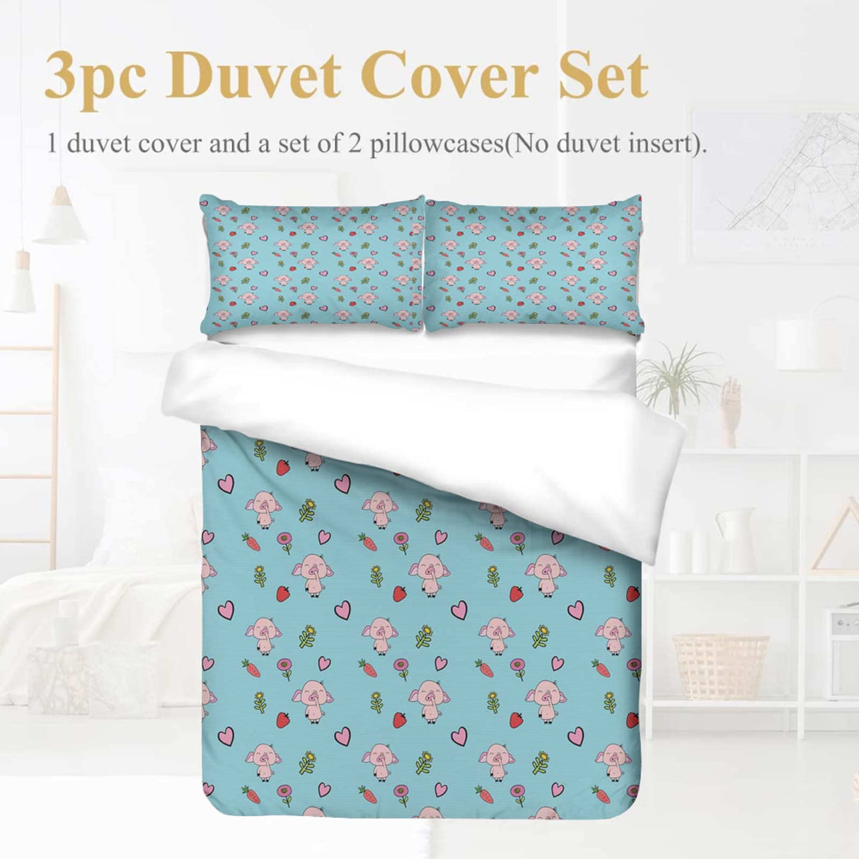 Printed Comforter Cover Set Full Piggy Seamless Scrapbooking Flowers Pattern Design Wallpaper for Kids Girls Bedding Quilt Bed Cover Sets