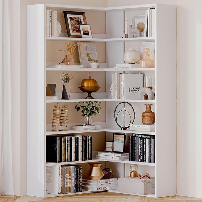 Bookcase 6 Tiers with Baffles, Large Corner Bookshelf