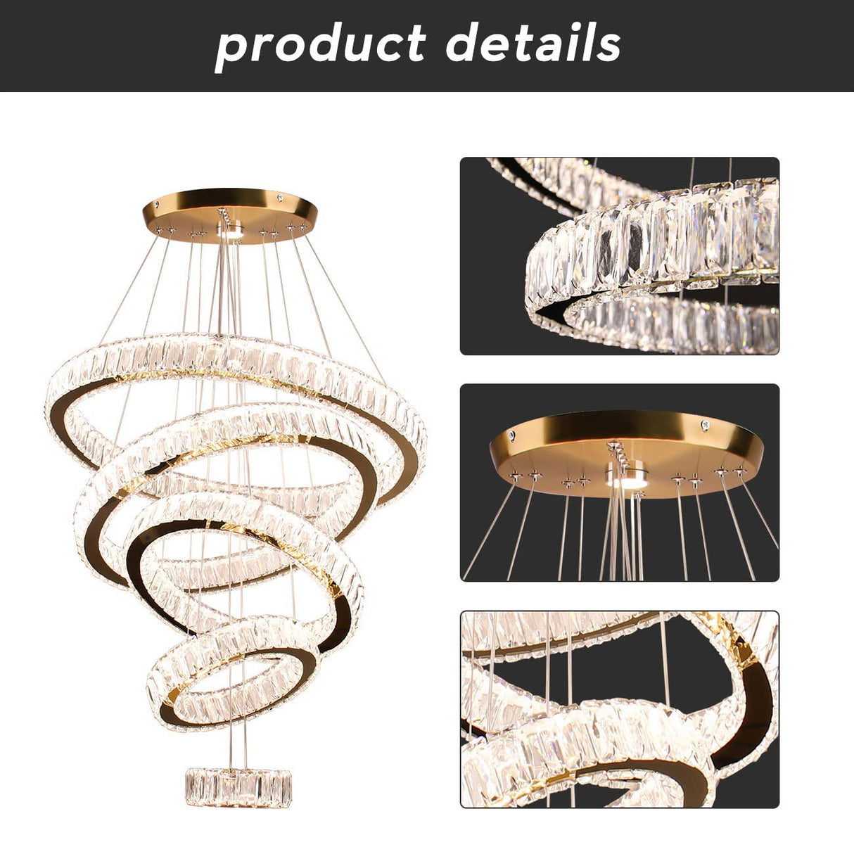 LED Big Crystal Chandeliers Modern 5 Rings Pendant Light Adjustable Ceiling Light