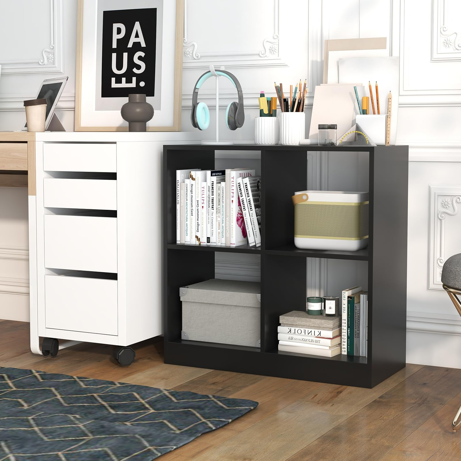 4-Cube Bookcase, Freestanding Open Bookshelf, 2 Anti-Tipping Kits, Modern Cube Storage Wooden Display Shelf for Living Room Kids Room, Easy Assembly (Black, 29 x 13 x 29 Inch)