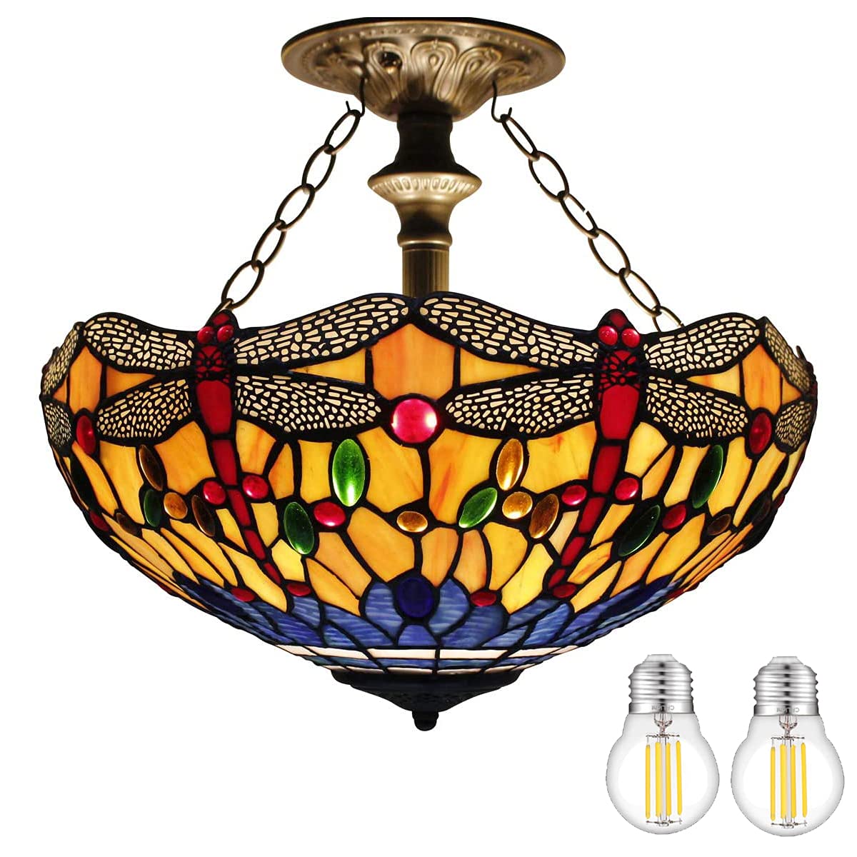 Tiffany Dragonfly Ceiling Light - 16 Inch Stained Glass Semi Flush Mount