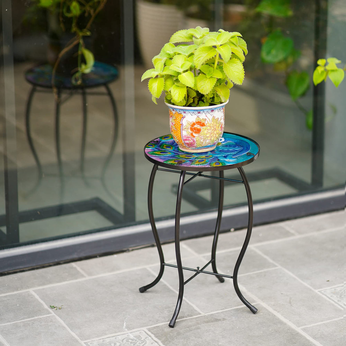 NewVees Peacock Patio Side Table, Small Patio Outdoor Side Table, Plant Table,Metal Glass End Table for Porch Garden Yard Pool.