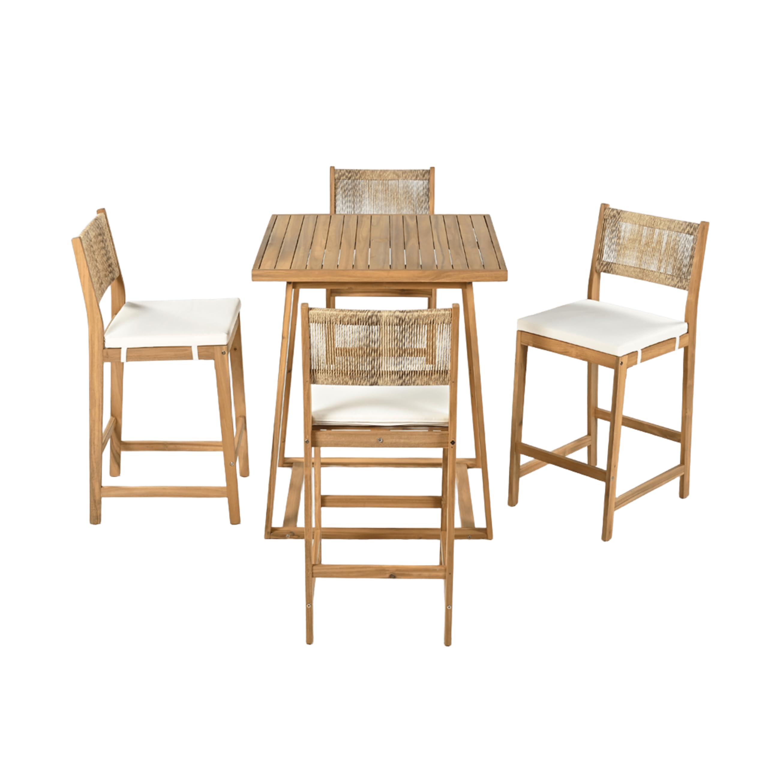 5 Pieces Acacia Wood Outdoor Patio Bar Set with Modern Boho Bar Height Chair Bar Table