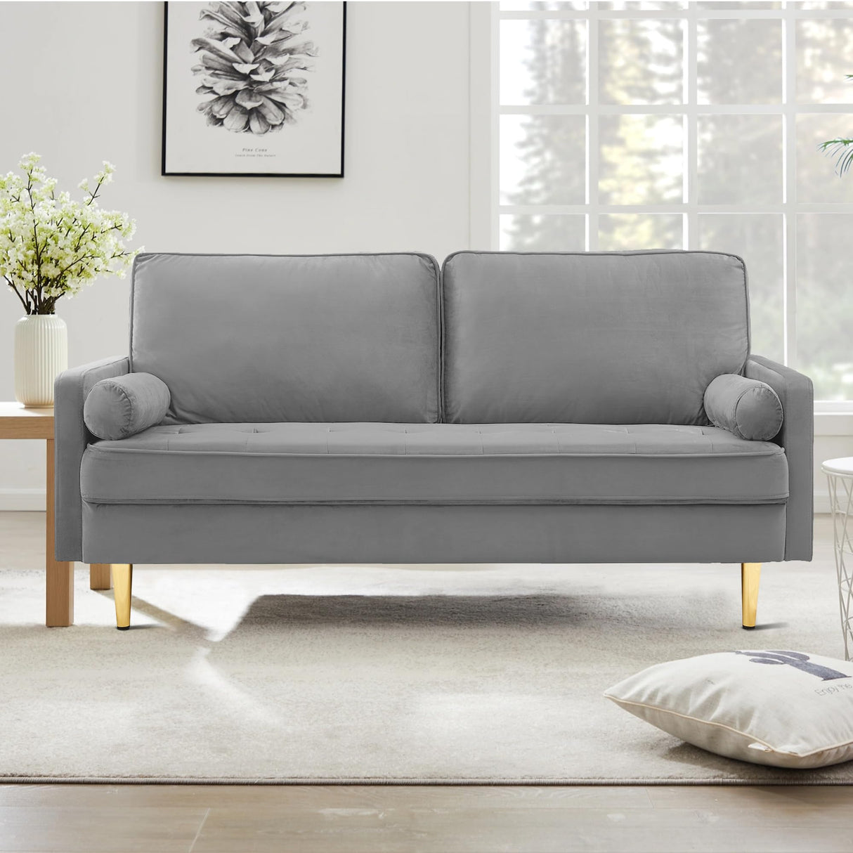 67" Mid Century Modern Loveseat Sofa, 2-Seater Velvet Tufted Love Seat Couch with Bolster Pillows, Golden Frosted Legs for Small Space, Living Room, Apartment, Bedroom (Grey)