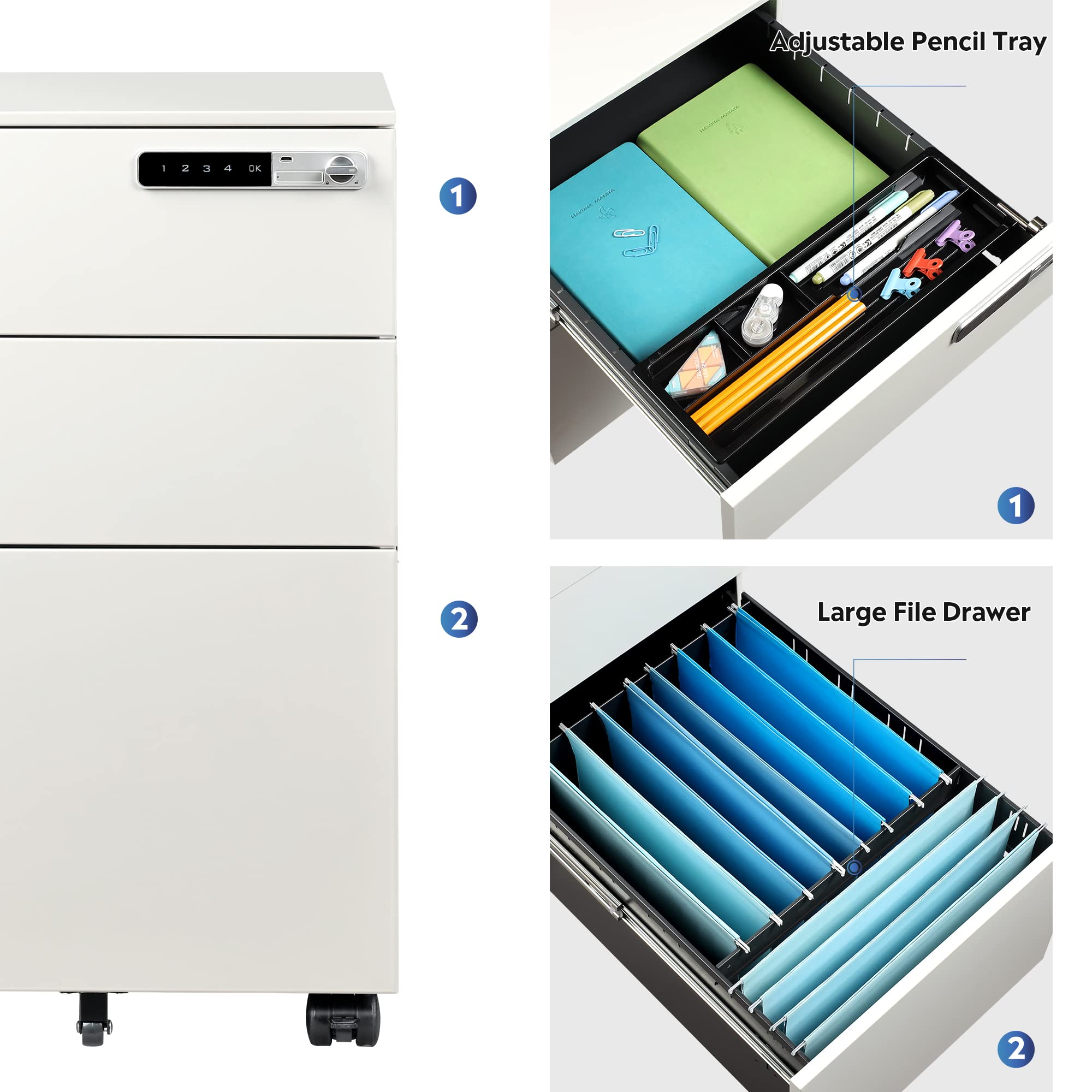 3-Drawer Mobile File Cabinet with Smart Lock,
