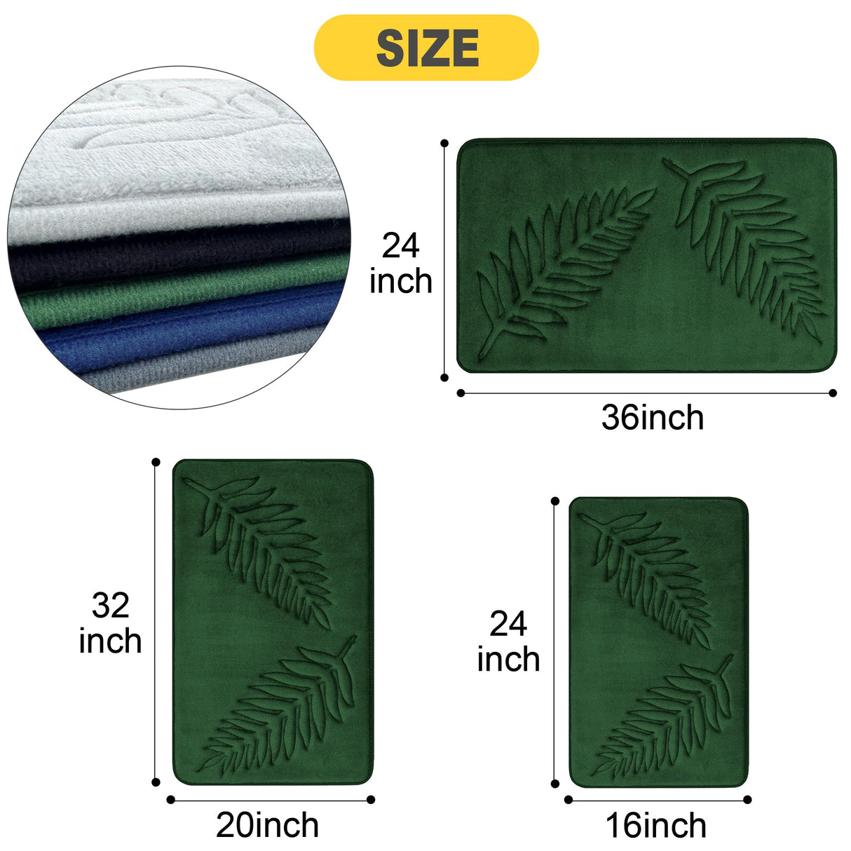 voofly Bath Mat 36" X 24" Memory Foam Absorbent Bathroom Rugs Quick Dry Washable Leaf Bathroom Mats Flannel Velvet Non Slip Bath Rug for Bathroom Floor Green