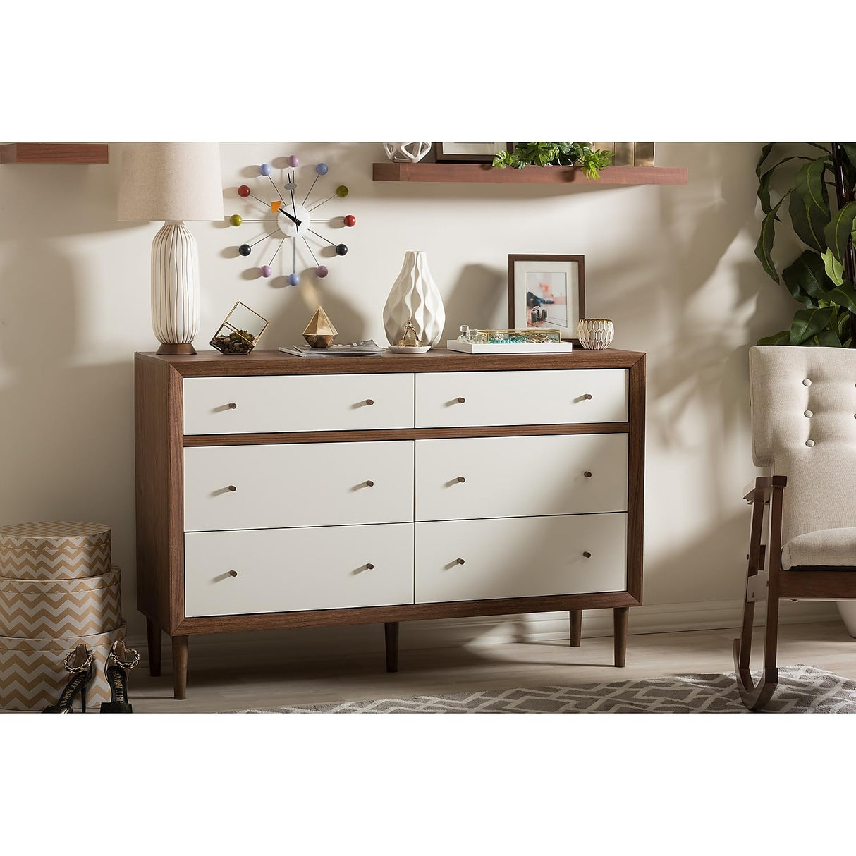 Harlow 35.69-inch High 6-Drawer Dresser, Walnut Brown and White (121-6781-HiT)