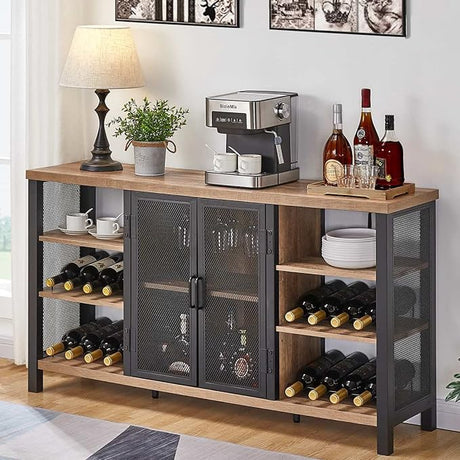 FATORRI Wine Bar Cabinet for Liquor and Glasses, Industrial Coffee Bar Cabinet, Farmhouse Sideboard and Buffet Cabinet with Storage, Wood and Metal Wine Rack Cabinet (55 Inch, Walnut Brown)