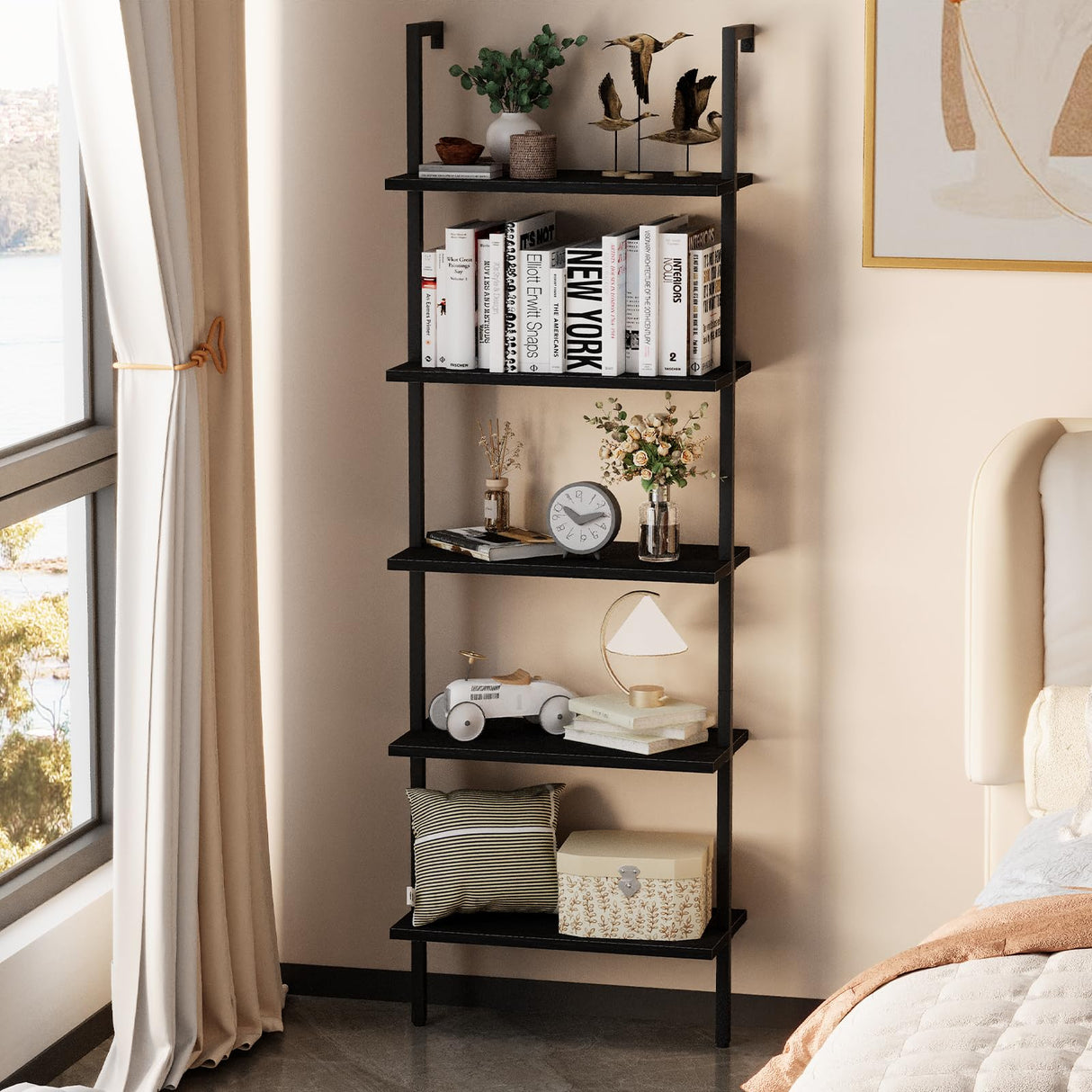 Ladder Shelf 2PCS Open Bookshelf 5-Tier Wood Wall-Mounted Black Bookcase