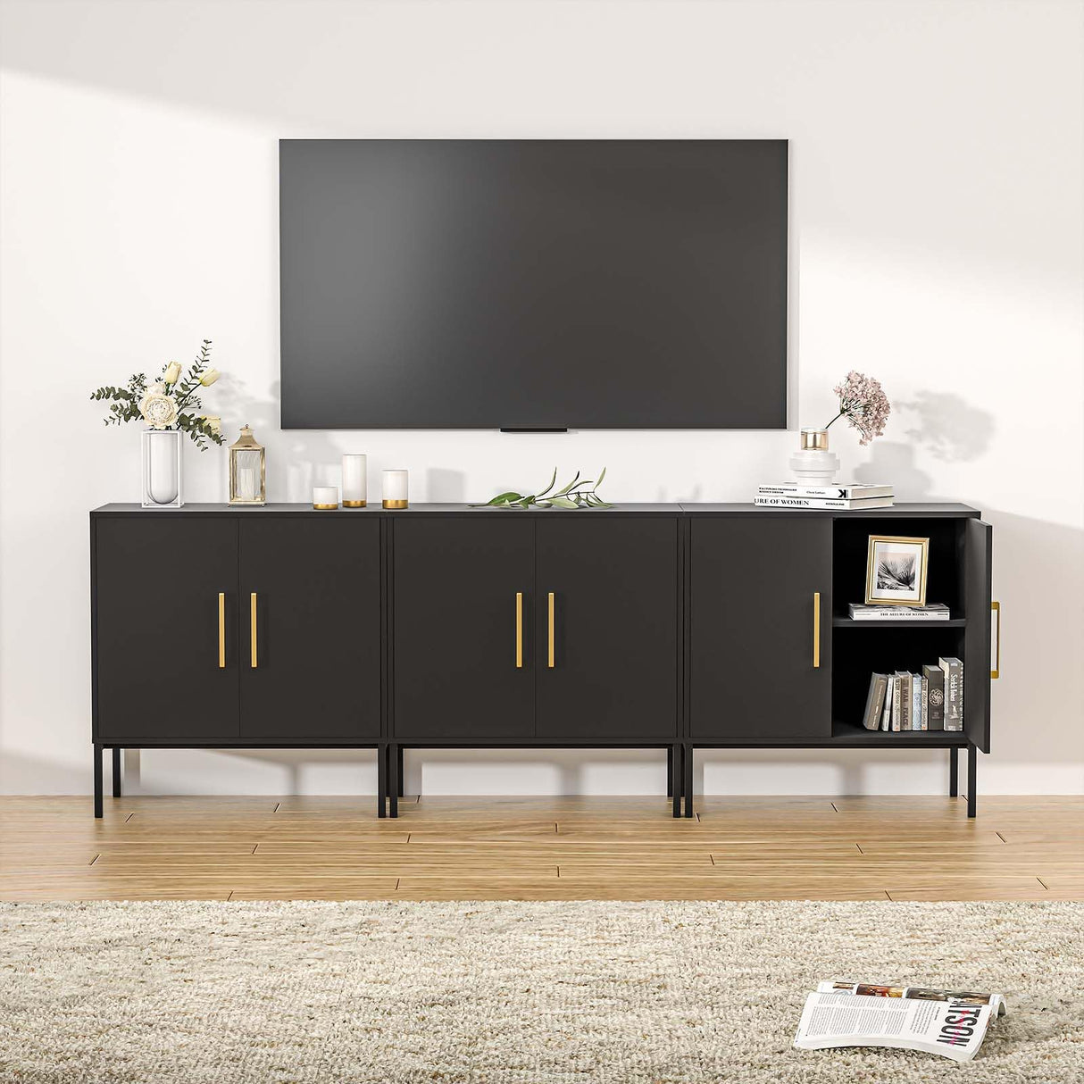 TV Stand for 85 Inch TV, Media Entertainment Center Console Table, 3 Cabinets