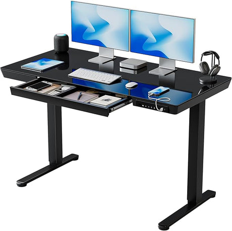 Electric Standing Desk with Drawers, 48 inch Whole-Piece Glass Desktop