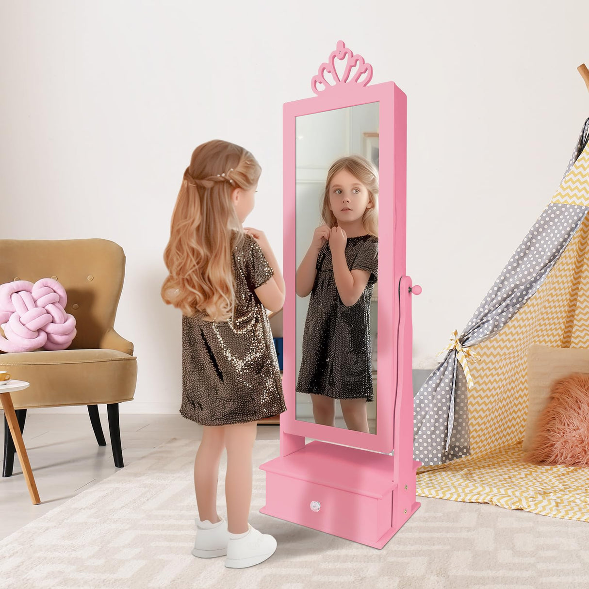 Kids Jewelry Armoire Cabinet, Jewelry Organizer with Standing Full-Length Mirror