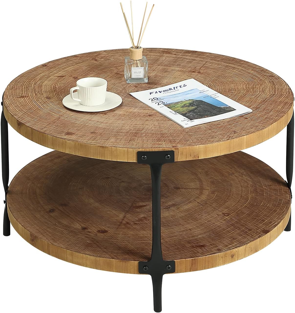 Round Boho Wood Coffee Table - 29.1" Farmhouse Natural Circle Wooden 2-Tier Coffee