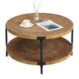 Round Boho Wood Coffee Table - 29.1" Farmhouse Natural Circle Wooden 2-Tier Coffee