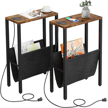 Narrow Side Tables Set of 2 with Charging Station, Small End Table with Storage Pouch