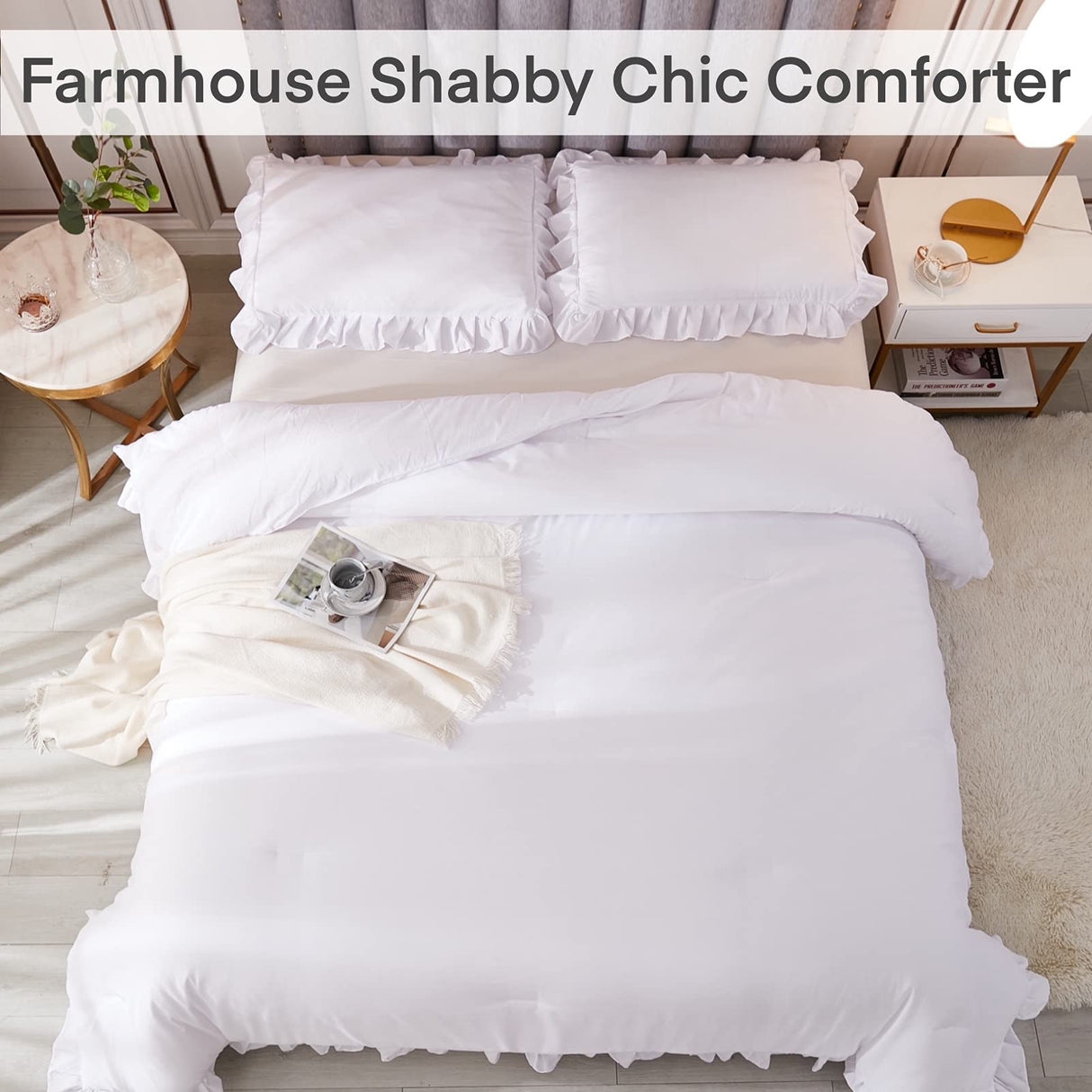 White Comforters Queen Size, 3 Pieces Solid Shabby Chic Farmhouse Bedding