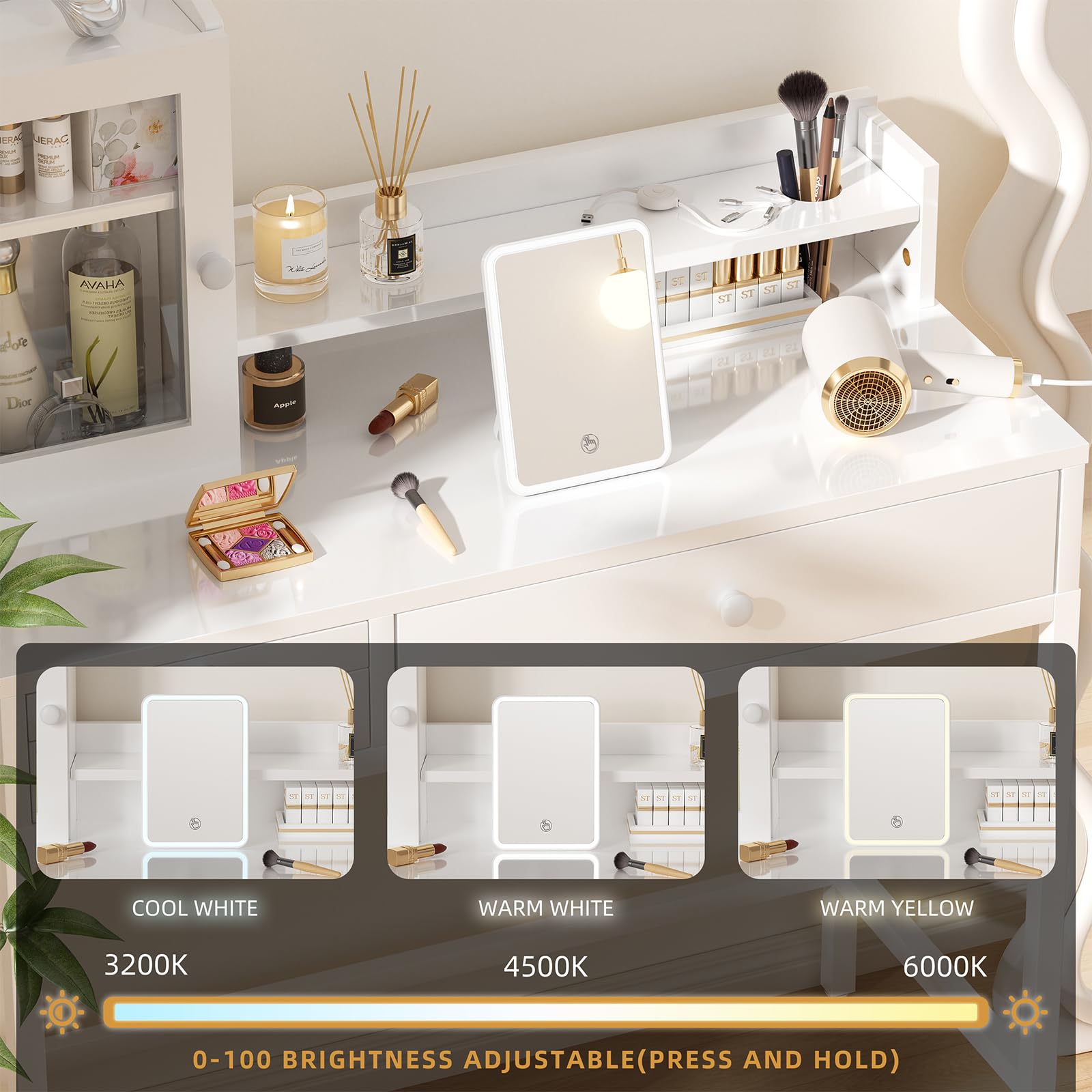 VEELOK Vanity Desk White with Small 3 Color Lighted Mirror 35.4 inch Small Vanity with Velvet Jewerly Storage Drawers, Dust-Proof Cabinet, Dressing Table Makeup Table for Bedroom