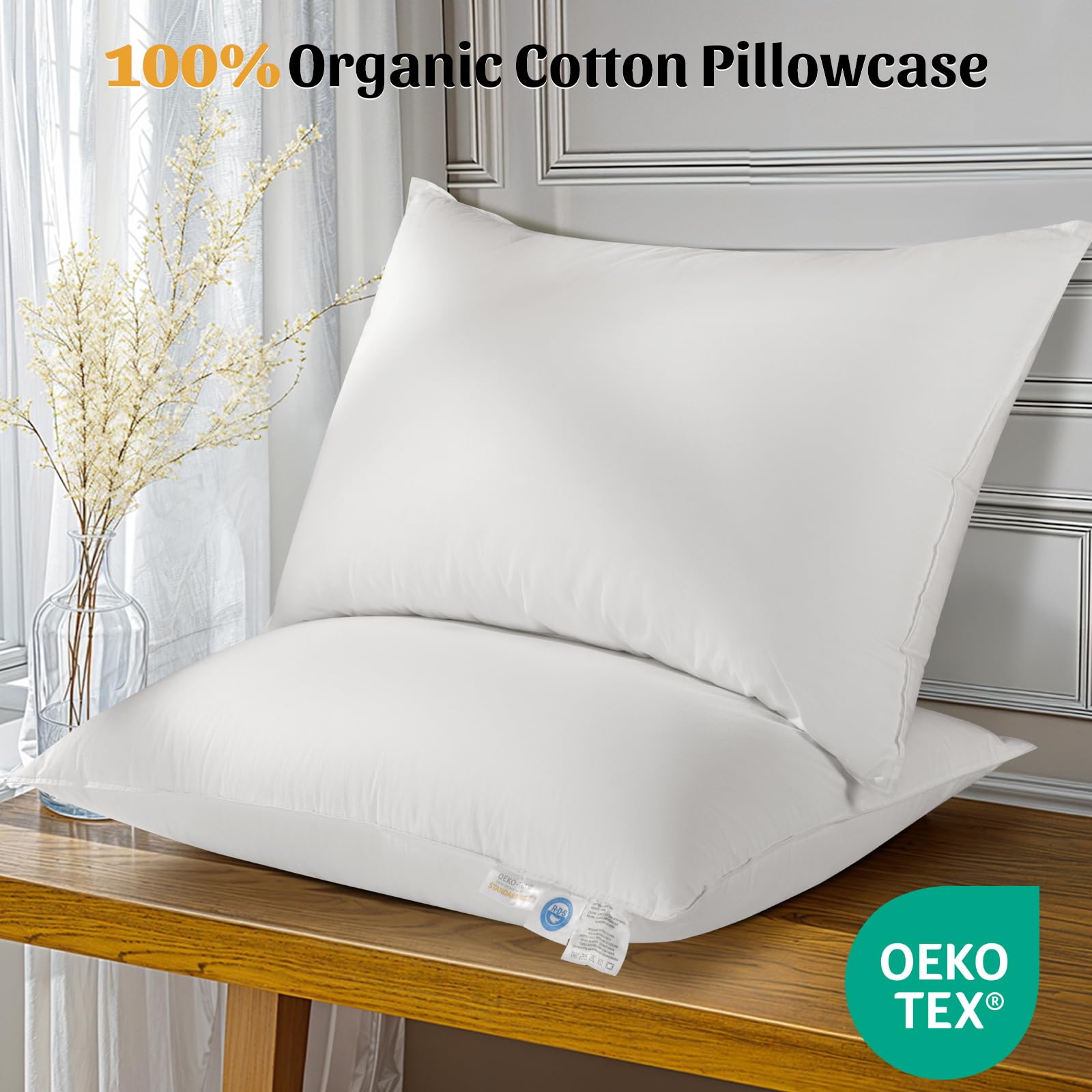 REDASW Canada Goose Down Bed Pillows 900 Fill Power Sleep Pillows with Soft 600 Thread Count 100% Cotton Pillowcase Bed Pillows for Any Sleepers (White, Queen (Pack of 2))