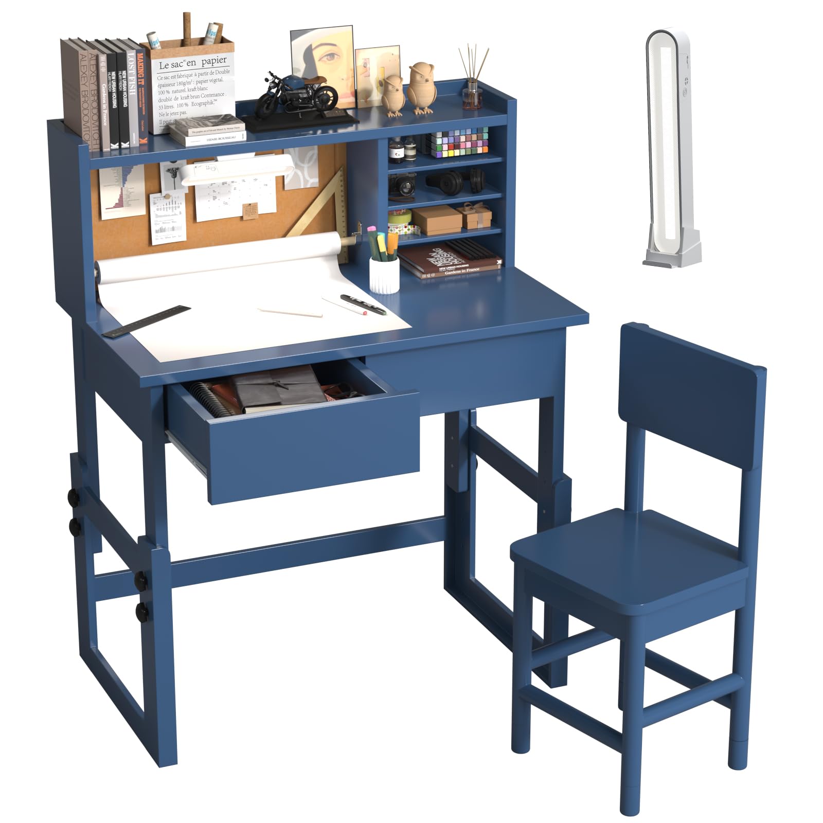 Kids Study Desk with 3-Color Lights, Blue Kids Desk and Chair Set for 5-18 Year Old,