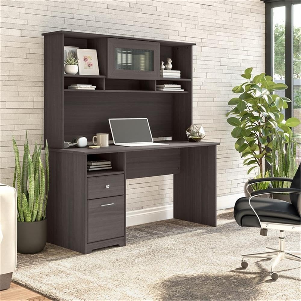 Cabot 60W Single Pedestal Desk and Hutch, Heather Gray