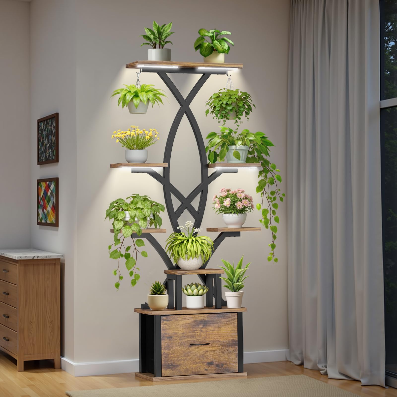 Plant Stand Indoor with Grow Lights - 65" Tall Plant Shelf with Storage Drawer