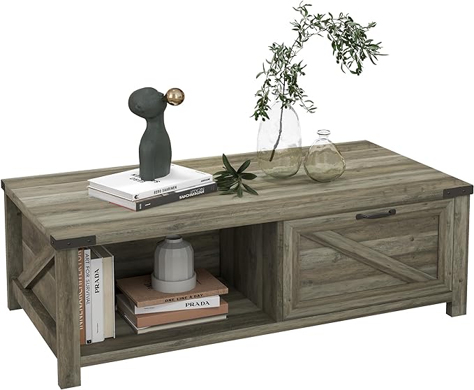 Farmhouse Coffee Table with Storage and Drawer, Rustic Coffee Table for Living Room,