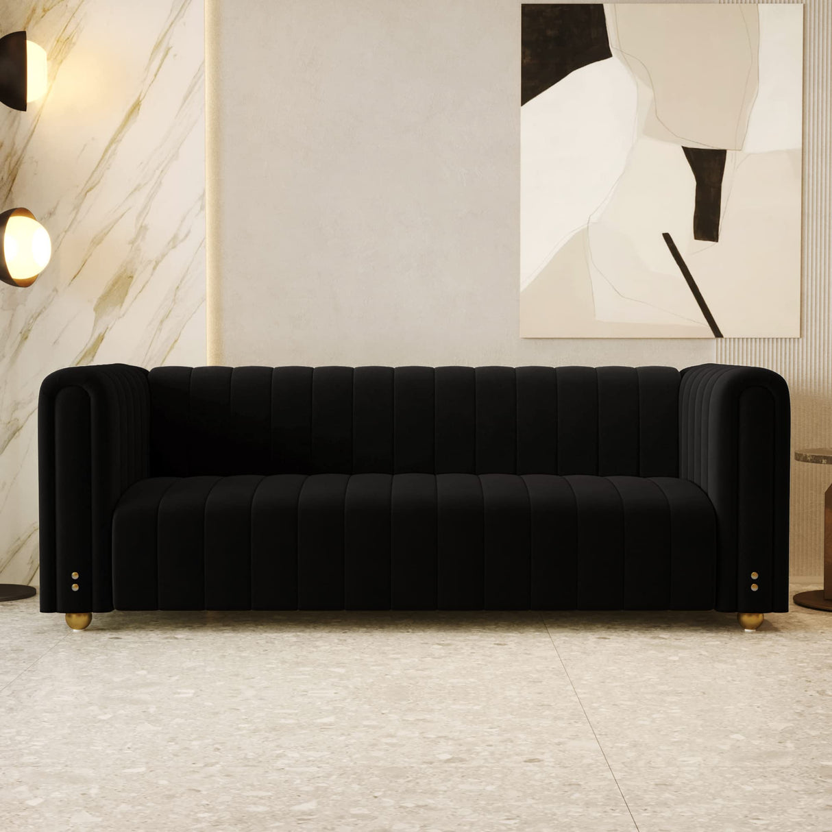 81" Black Velvet Sofa Mid Century Modern Couch for 3 Person Chesterfield Tufted Velvet Couches for Living Room