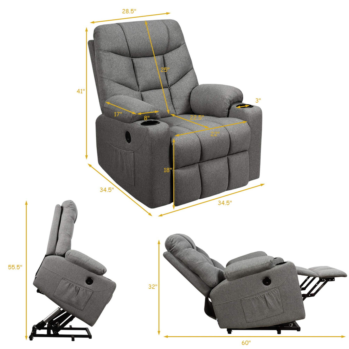 Power Lift Recliner Chair, Electric Living Room Sofa for Elderly w/ 8 PointMassage&