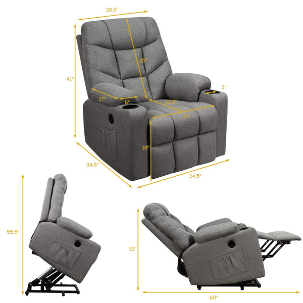 DORTALA Power Lift Recliner Chair, Electric Living Room Sofa for Elderly w/ 8 PointMassage& Lumbar Heat, Overstuffed Motorized Sofa Chair w/USB Port, Cup Holders, Remote Control, Light Gray