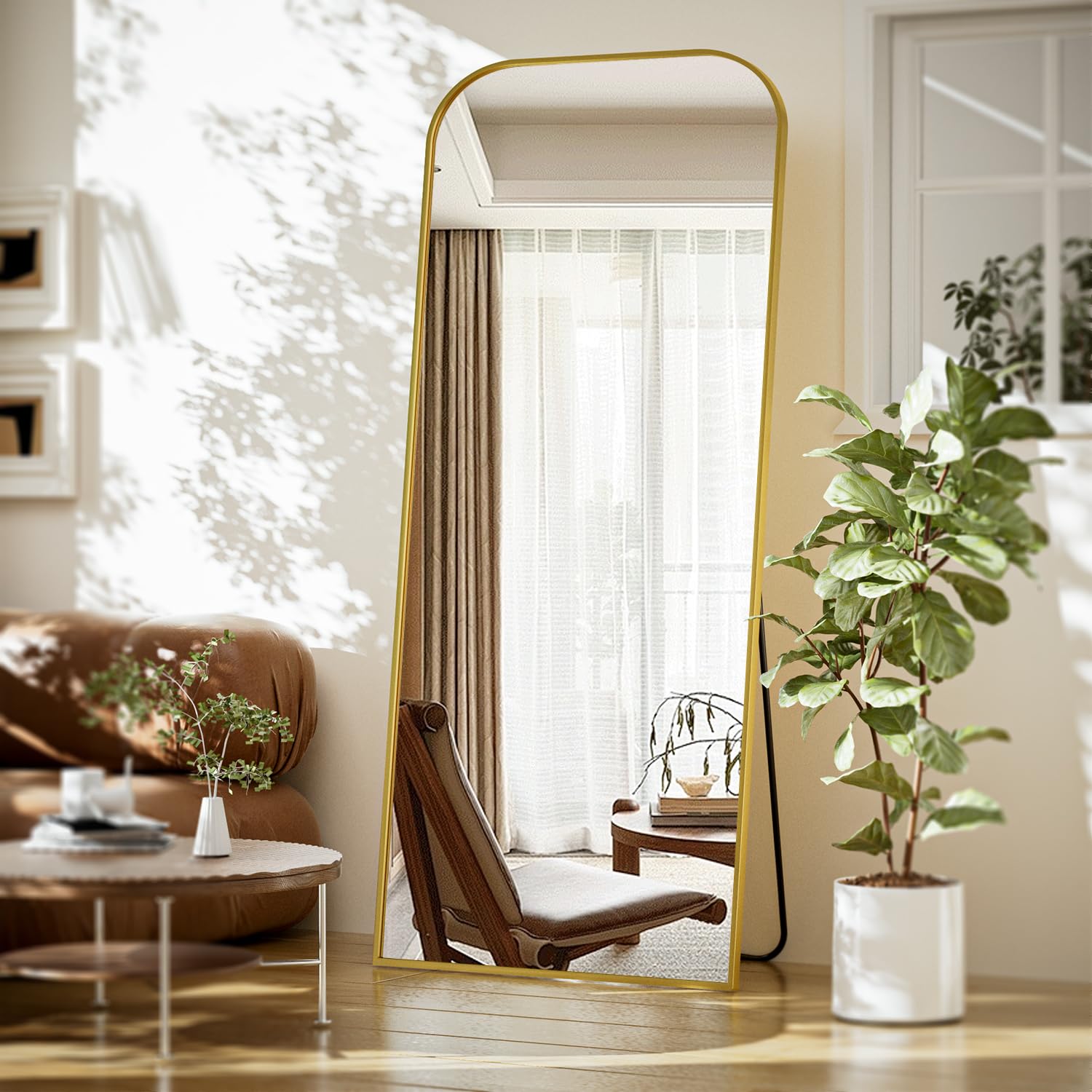 26x71 inch Gold Full Length Mirror, Rounded Top Corners Full Body Mirror with Stand,