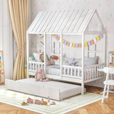 Bed Frame, Kids Low Loft Bed Frame with Roof, Side Windows & Ladder, Wooden Slatted