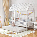 Twin House Bed with Trundle, Kids Bed Frame with 82" Tall Roof, Windows and Guardrail