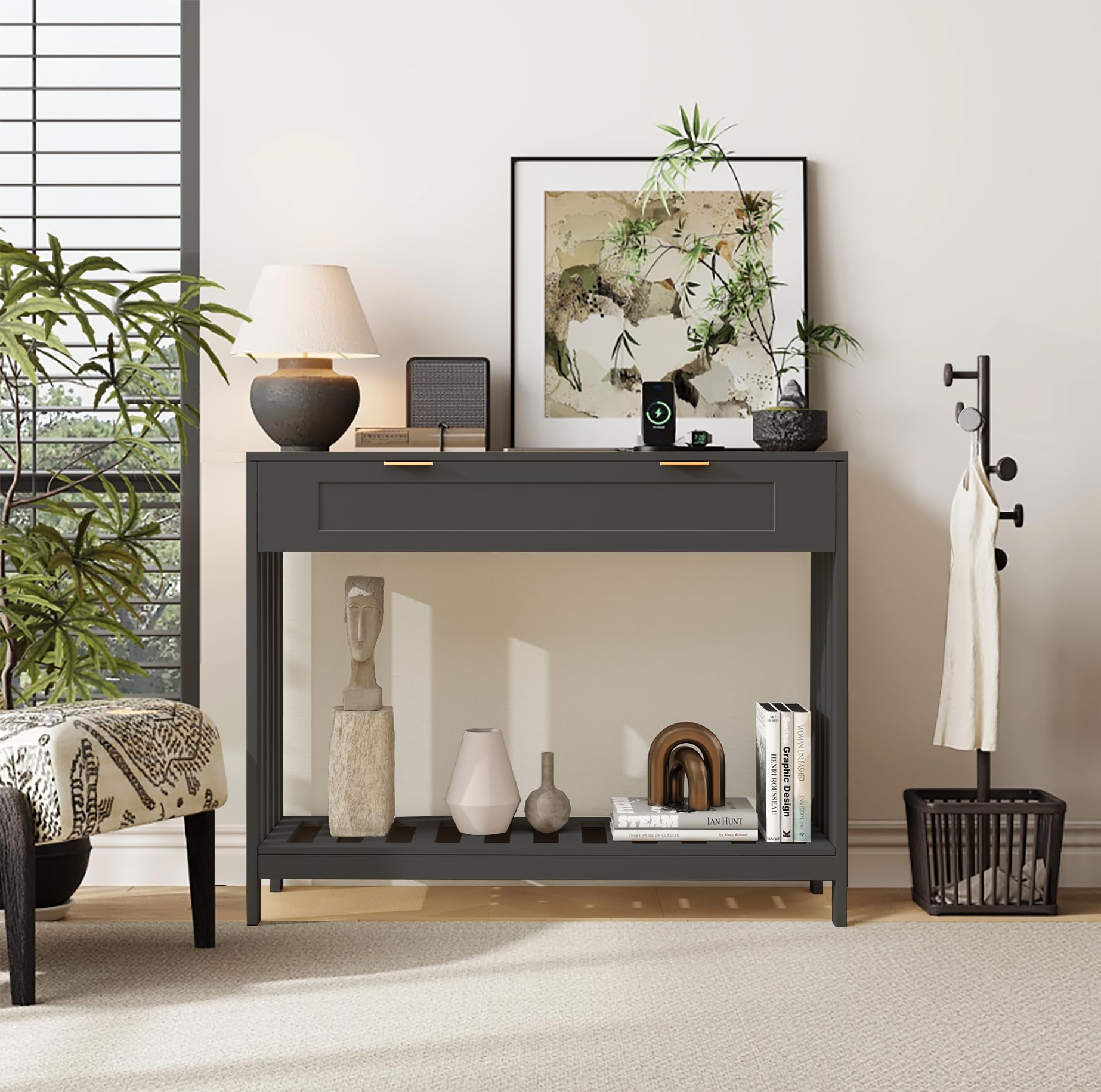 Console Table with Drawers - Narrow Entryway Table with Storage Shelf