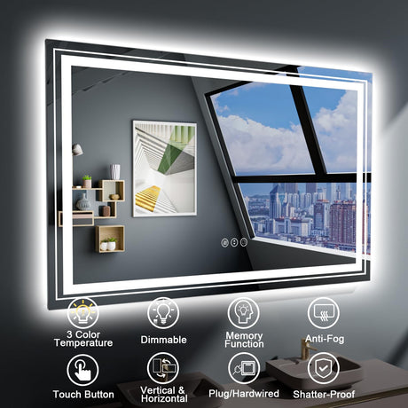 Snowdool LED Bathroom Mirror, 30"X36" with Front and Backlit, Anti-Fog, Bathroom Vanity Mirror for Wall, Memory Function, Stepless Dimmable, Tempered Glass (Horizontal/Vertical)