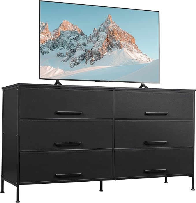 Wide Fabric Dresser, 6 Drawer Dresser TV Stand for 60" TV, Dressers Bedroom Furniture