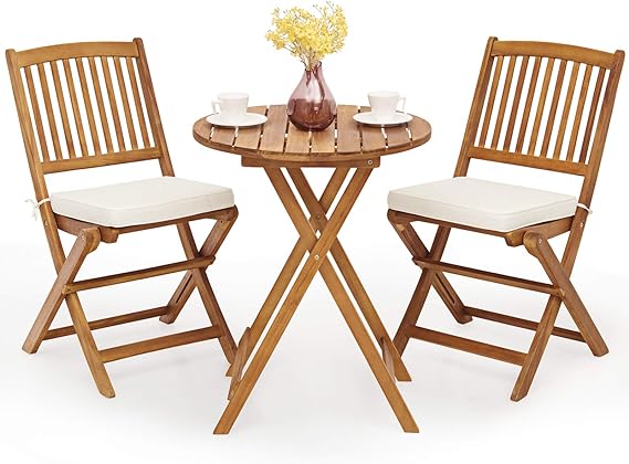 3Pcs Patio Bistro Set, Wood Folding Table Set