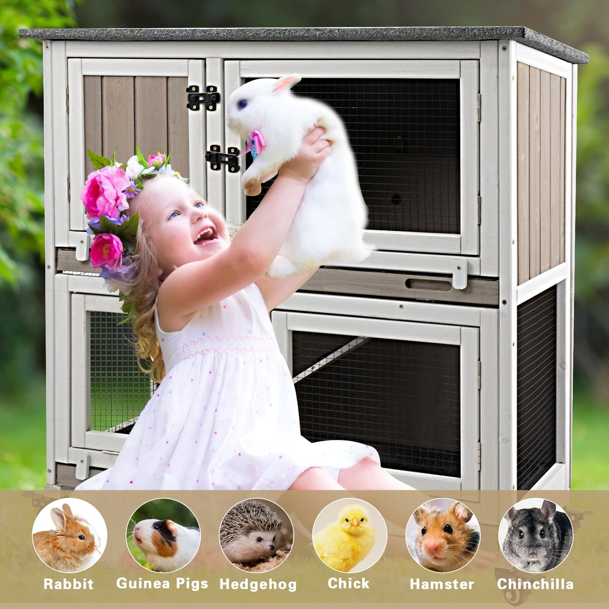 36" L Rabbit Hutch Indoor with 4 Metal Wheels, 2-Story Wooden Bunny Hutch Outdoor