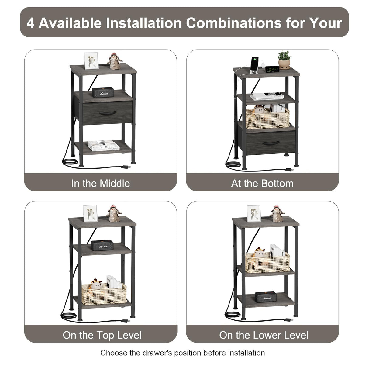 Nightstands Set of 2 with Charging Station, Night Stand with Charging