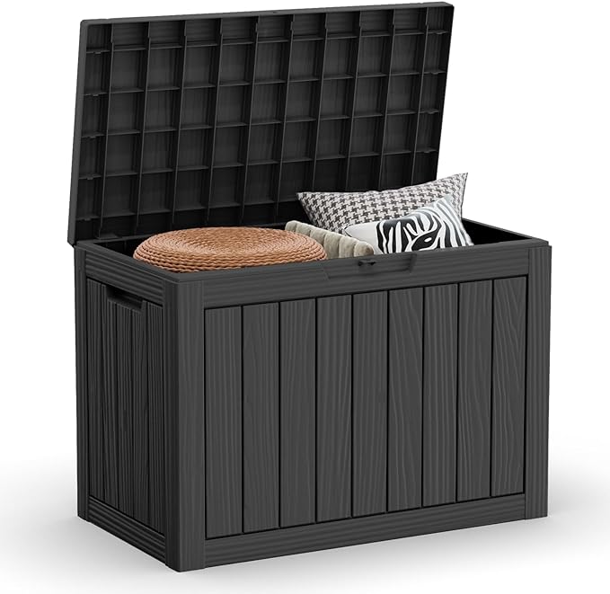 EasyUp 150 Gallon Outdoor Storage Box, Resin Waterproof UV-Resistant Deck Box with Hydraulic Lid Support, Reinforced Stability for Patio, Garden, and Poolside, Striped Black