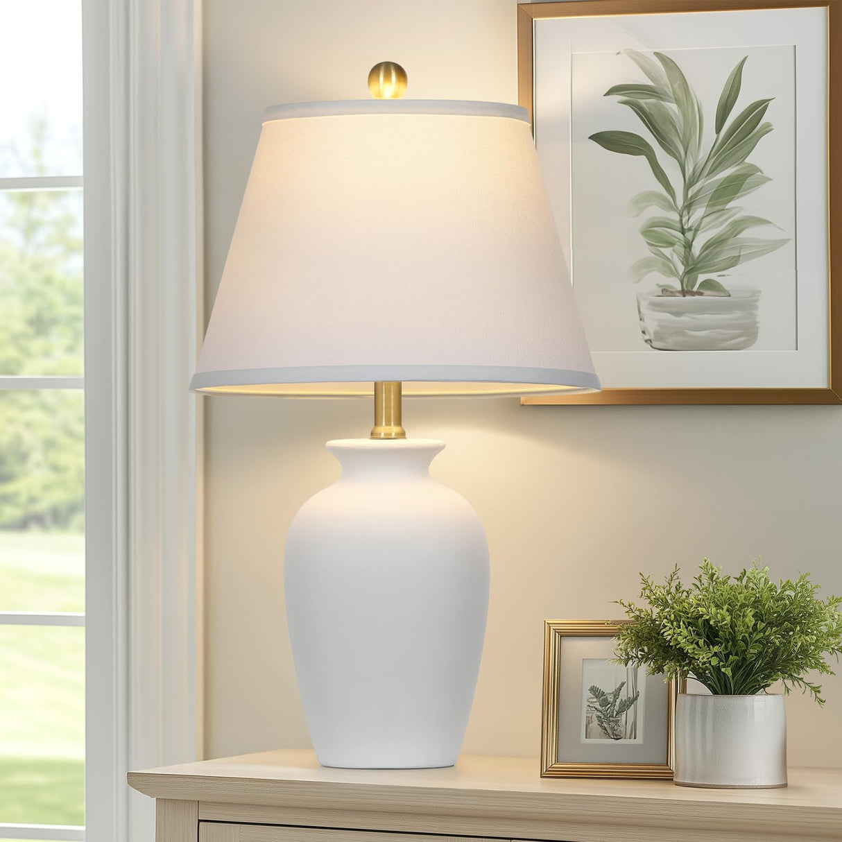 Cinkeda 22" White Ceramic Modern Table Lamp with Ginger Jar Design - for Living Room,Dining Room,Bedroom,Office,Nightstand,End Table