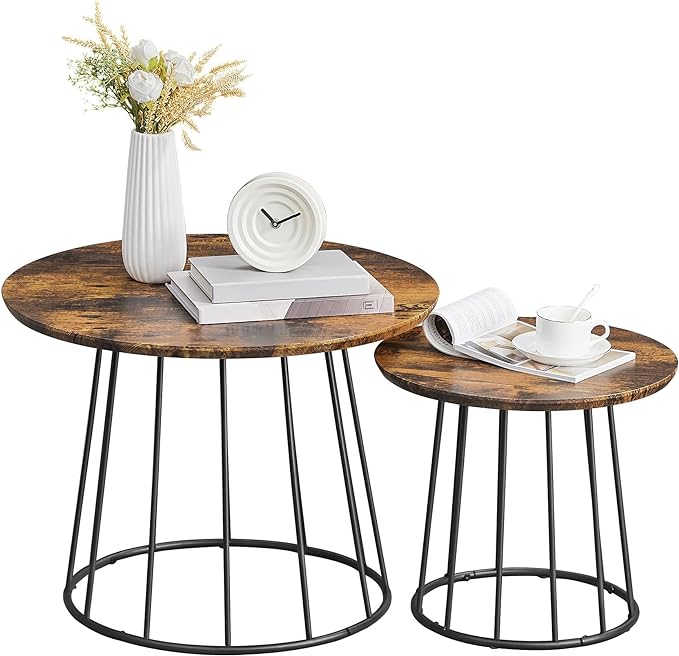 Round Coffee Tables, Set of 2, Modern Circle Side Tables with Steel Frame,