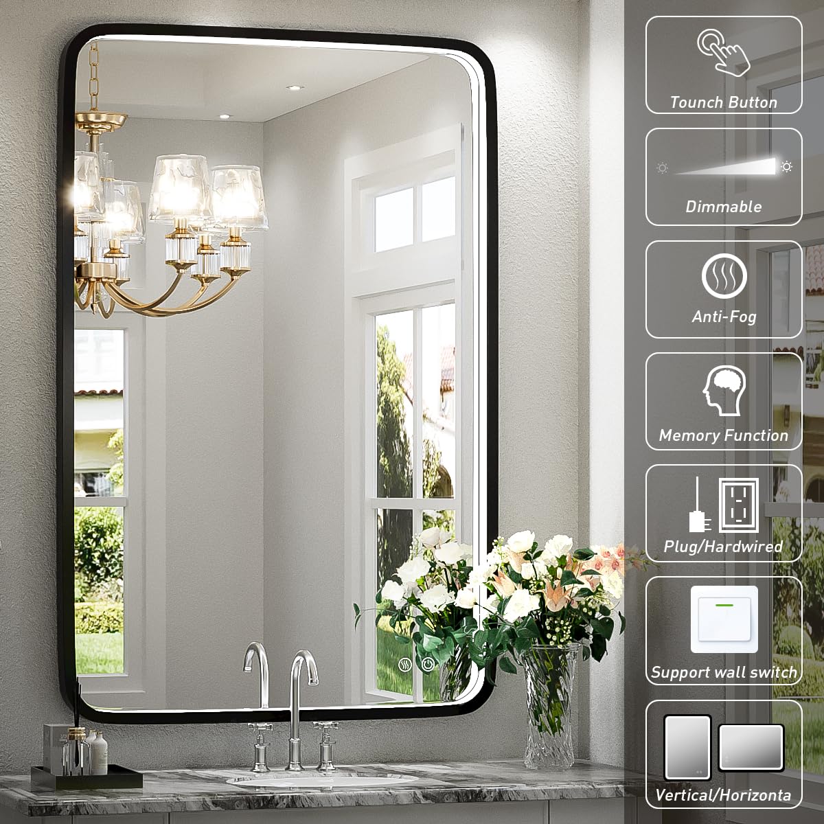 36x24 Inch LED Bathroom Mirror with Lights, Black Metal Frame Mirror