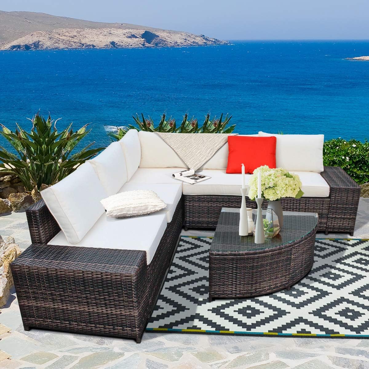 Tangkula 6 Piece Wicker Patio Furniture Set, Outdoor All Weather PE Rattan Conversation Set w/Tempered Glass Coffee Table, Sectional Sofa Set w/Comfortable Cushions for Backyard, Garden (White)
