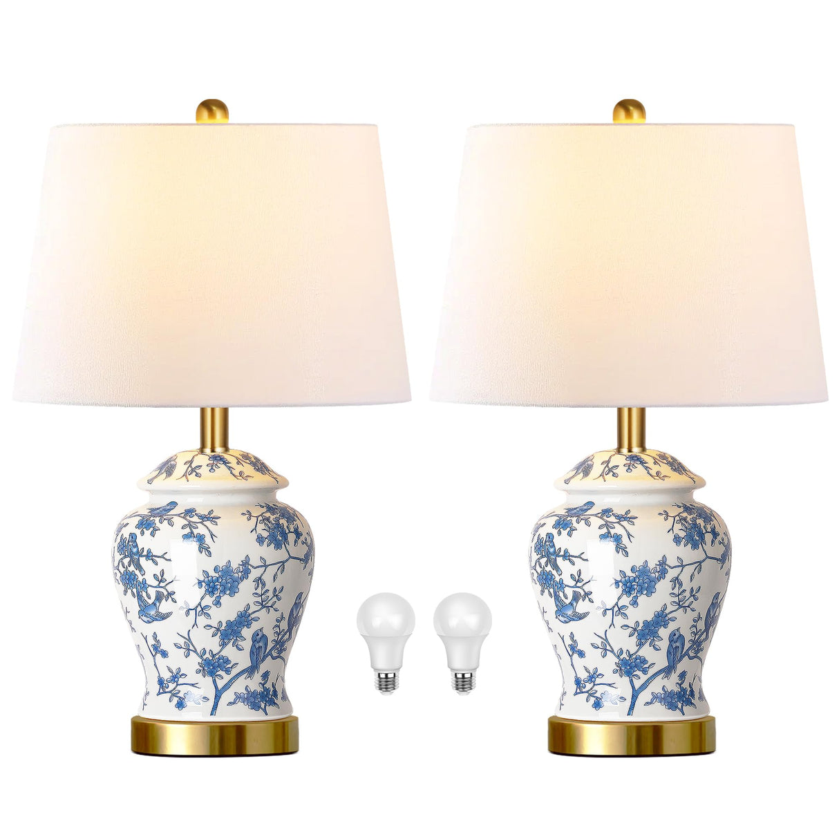 Chinoiserie Ceramic Table Lamps Set of 2 - 22" Blue and White Bedside Lamps