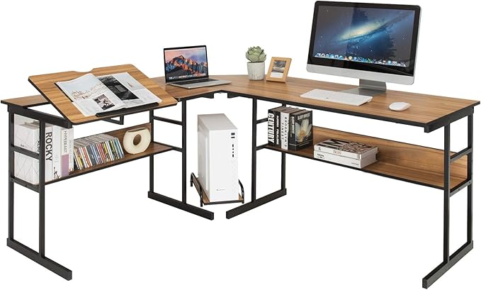 67 Inches L-Shaped Office Desk, Corner Computer Desk with Bottom Bookshelves & CPU