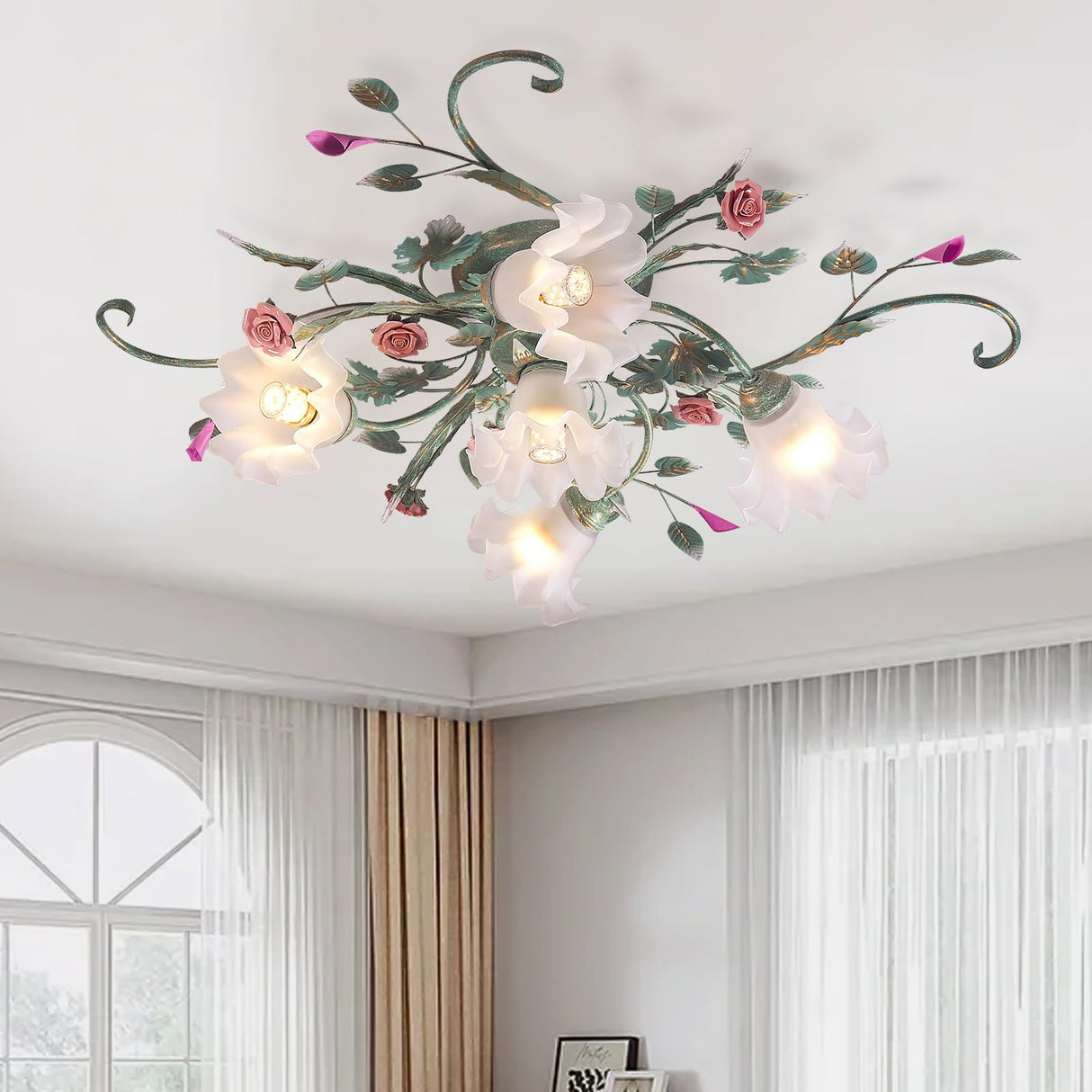 5-Light Ceramic Rose Ceiling Light with Glass Lampshade